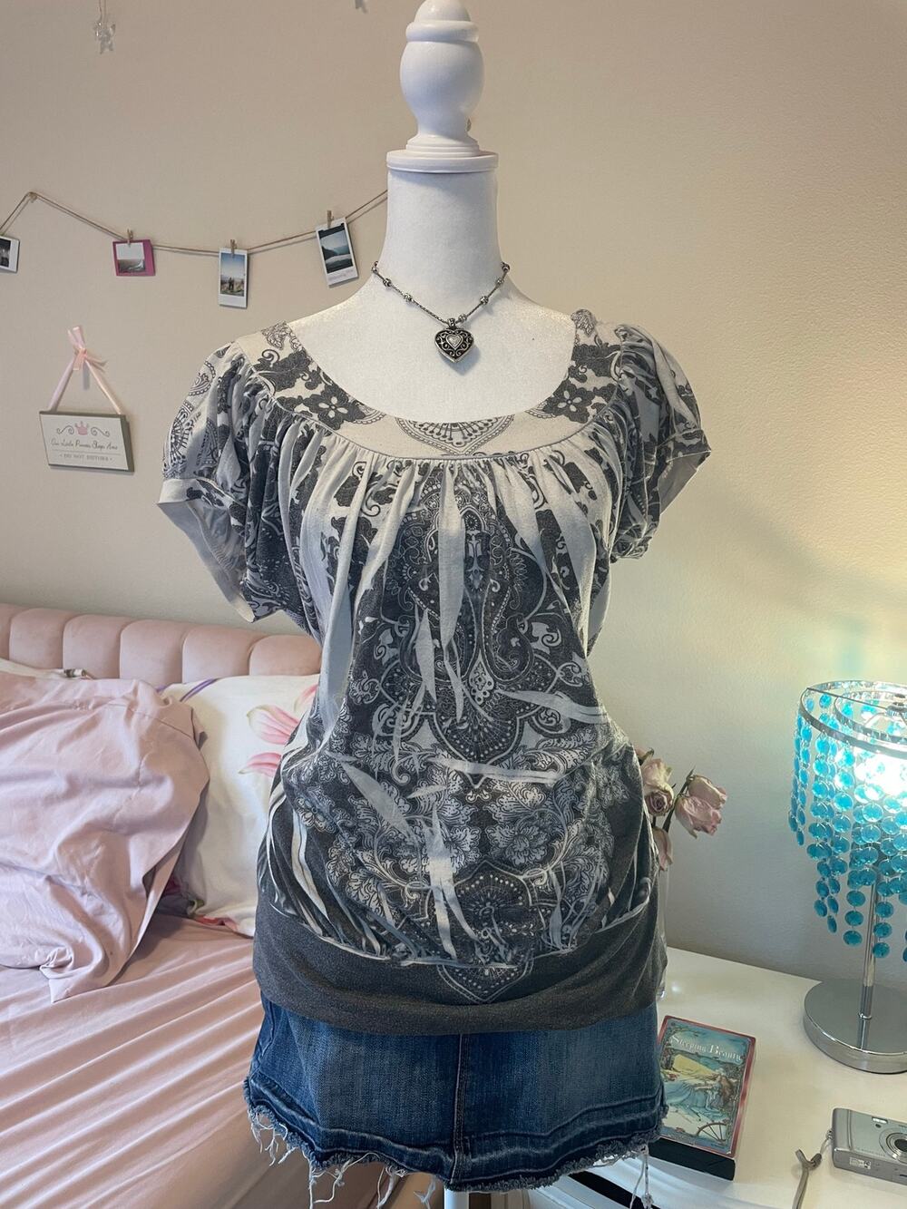 grey and white y2k top